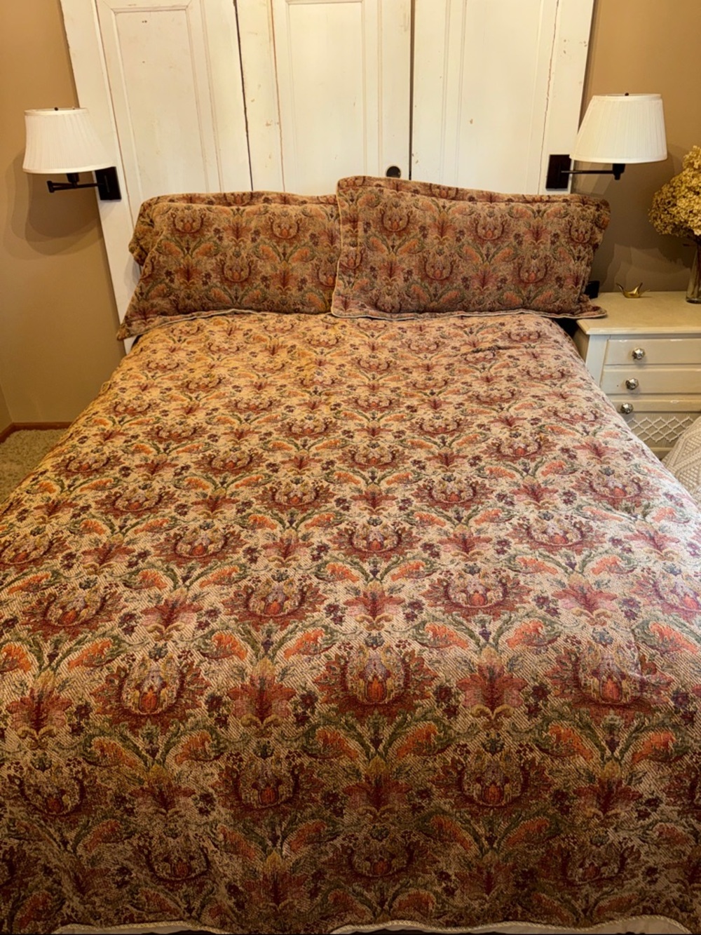 King Comforter Set in Rust , Gold and Green Damask